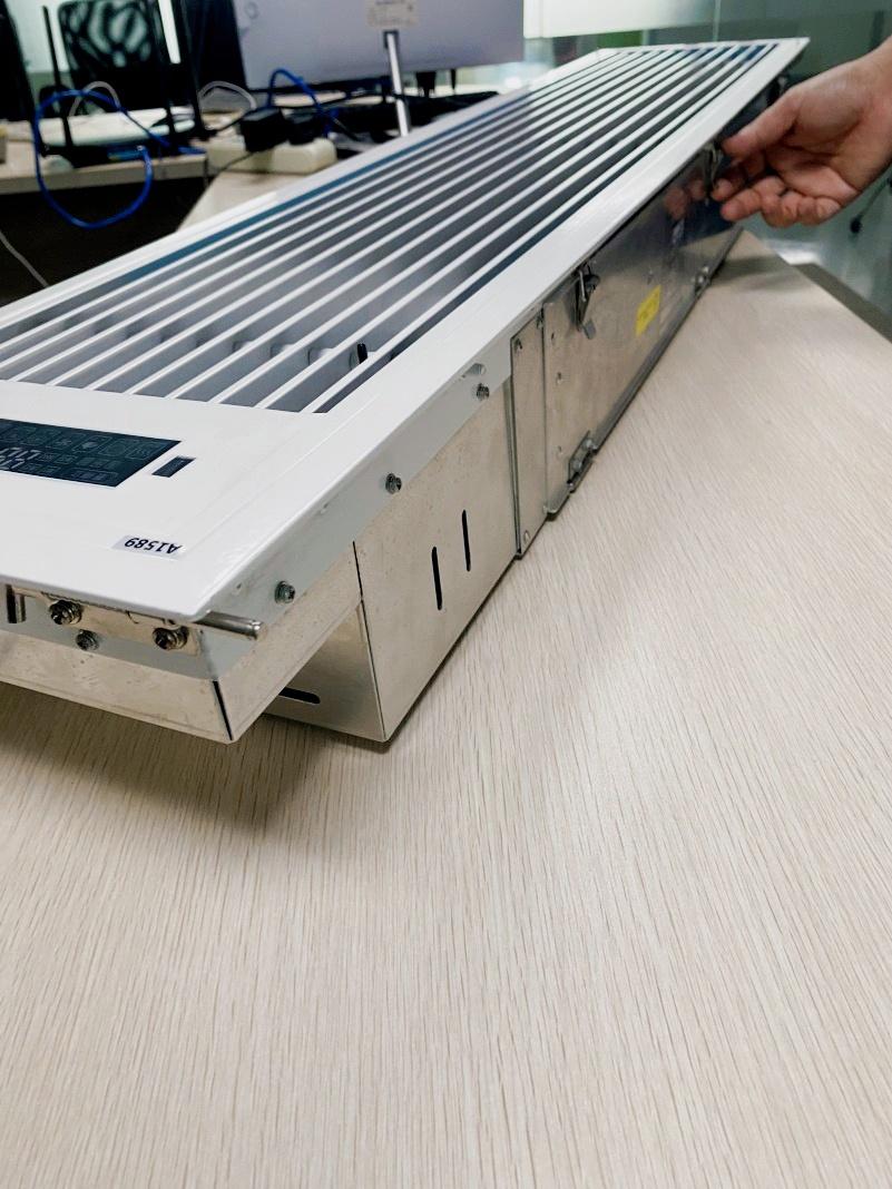 KY-FCU-70 fan coil air purifier angled side view showing stainless steel chassis construction