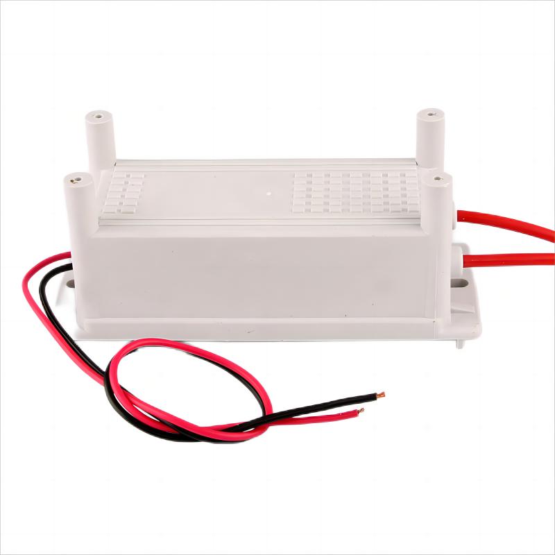 KY-OG-65W high voltage ozone generator power supply shown in a top-down perspective studio view on a white background, highlighting the compact potted white flame-retardant ABS enclosure with four elevated corner mounting standoffs, pre-stripped red and black low-voltage input leads, and dual thick high-voltage insulated red output cables engineered to drive 0.5 to 10 g/h ozone generator tubes and ceramic discharge plates.