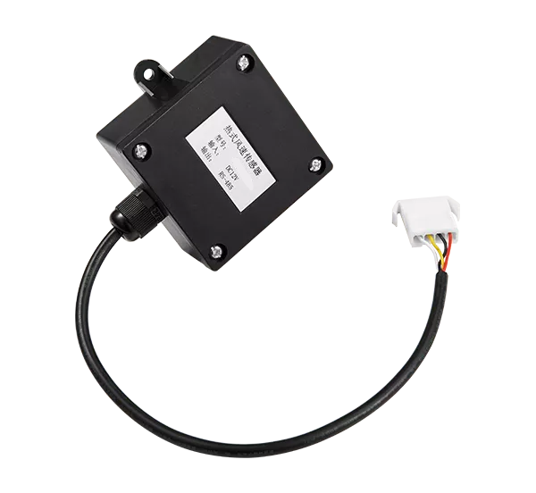 KY0012B Industrial Thermal Air Velocity Transmitter Rear Enclosure with RS-485 Modbus Output Specifications Label, 12VDC Power Rating, Flange Mounting Ears for In-Duct Installation