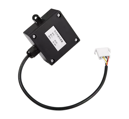 KY0012B Industrial Thermal Air Velocity Transmitter Rear Enclosure with RS-485 Modbus Output Specifications Label, 12VDC Power Rating, Flange Mounting Ears for In-Duct Installation