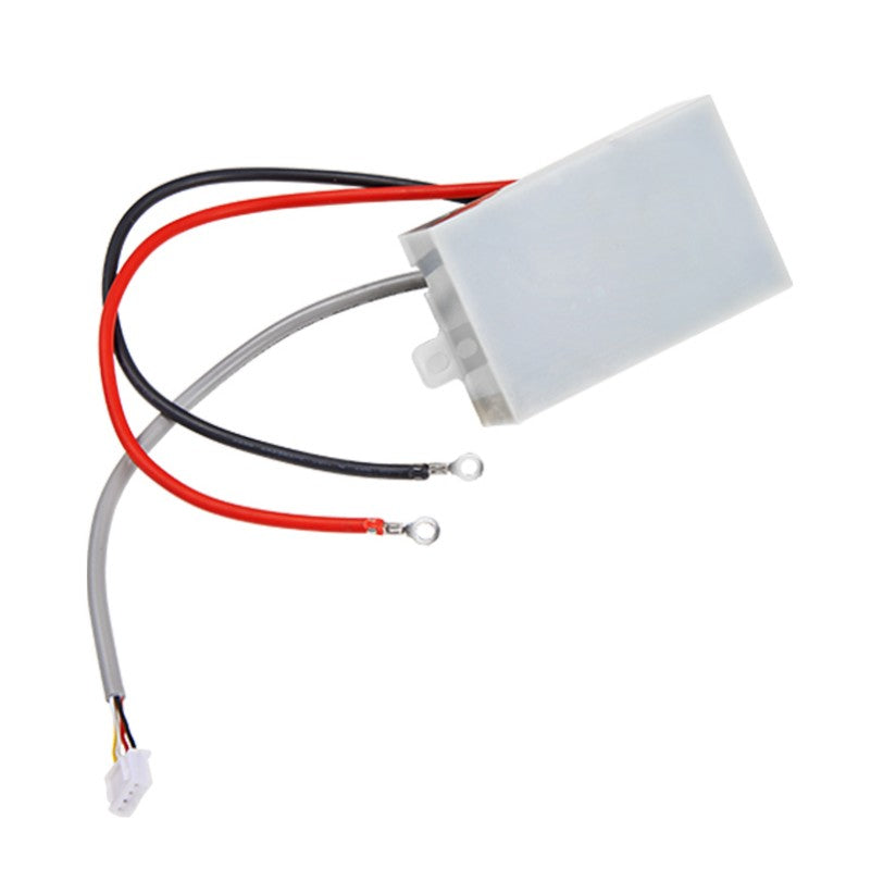    KYOG12V03 compact 2W high-voltage power supply module shown from the rear potted perspective on a white background, highlighting the sealed black epoxy resin encapsulation, side mounting ear, red and black high-voltage output cables with eyelet ring terminals, and grey low-voltage input control wire harness with multi-pin connector.
   