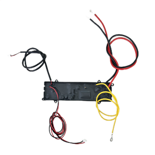    KYOG12V04 2W slimline high-voltage power supply shown in an overhead view on a white background, featuring the potted black resin encapsulation, chassis mounting tabs, primary DC input wiring, 0V/4.5V fault feedback lead, yellow protective grounding wire with ring terminal, and red and black dual high-voltage output cables for portable ESP purifiers.
   