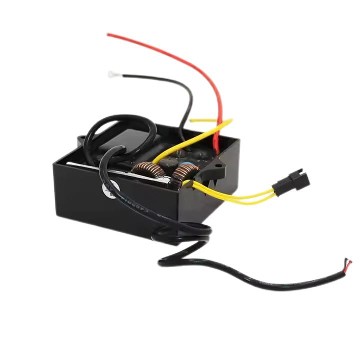    KYOG220V06 5W high-voltage power supply module shown from an open top-down view on a white background, highlighting the potted internal components including dual toroidal inductors, high-voltage transformer, capacitors, yellow AC input harness with 2-pin connector, and red and black high-voltage output leads.
   