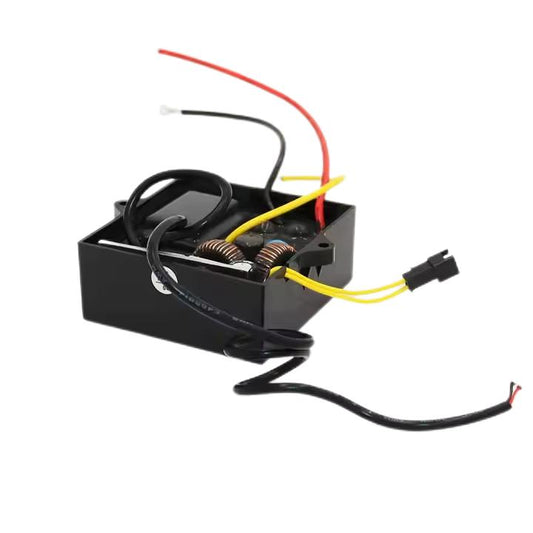    KYOG220V06 5W high-voltage power supply module shown from an open top-down view on a white background, highlighting the potted internal components including dual toroidal inductors, high-voltage transformer, capacitors, yellow AC input harness with 2-pin connector, and red and black high-voltage output leads.
   