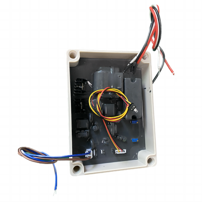    KYOG220V09 20W high voltage power supply shown in an open top-down view on a white background, highlighting the potted black epoxy resin interior, high-frequency transformer, switching heat sink, multi-color signal wiring harness with integrated status LED, AC power input wires, and dual high-voltage output cables engineered for commercial electrostatic precipitator ESP modules.
   