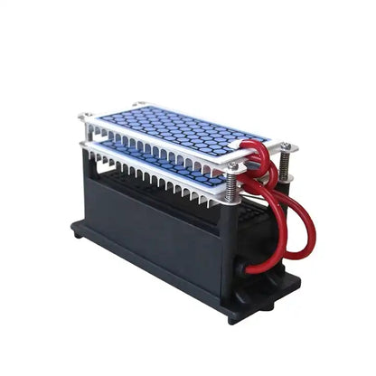    KYOG220V10GP ceramic plate ozone generator module displayed in an isometric studio view on a white background, highlighting the black potted high-voltage power supply base, aluminum heat sink fins, stacked honeycomb ceramic discharge plates, and heavy-duty red silicone-insulated high-voltage lead wires.
   