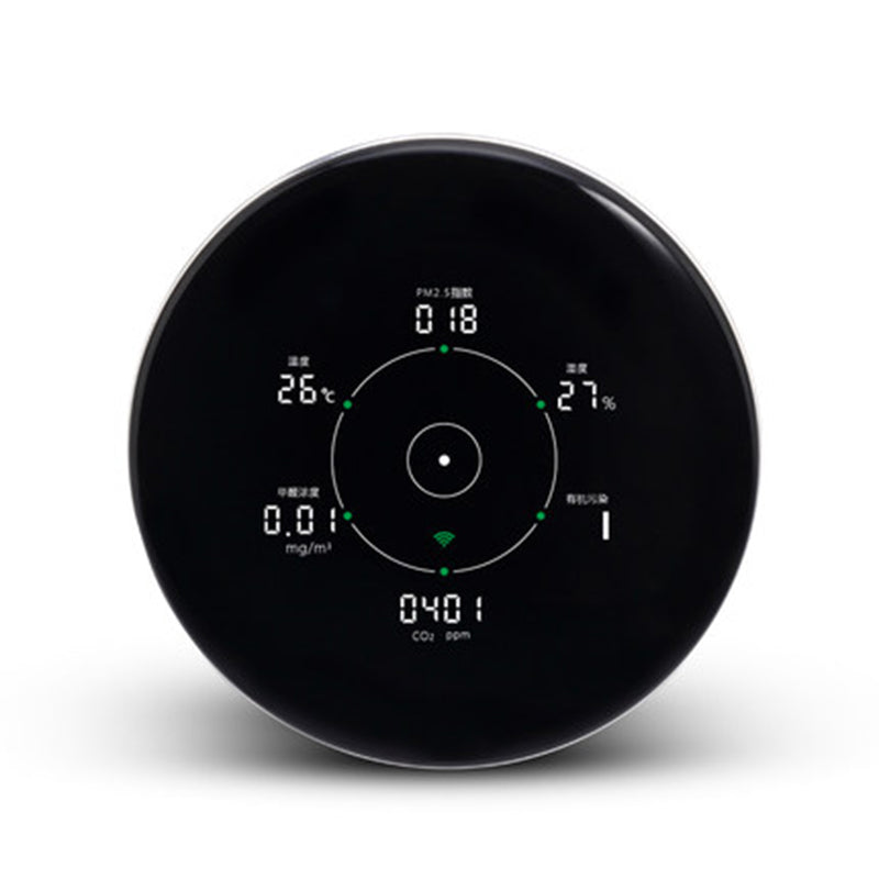 High-contrast circular LED screen readout of KY-OEM-AQD air quality detector showing real-time numerical measurements of particulate matter PM2.5 carbon dioxide HCHO and organic pollutants