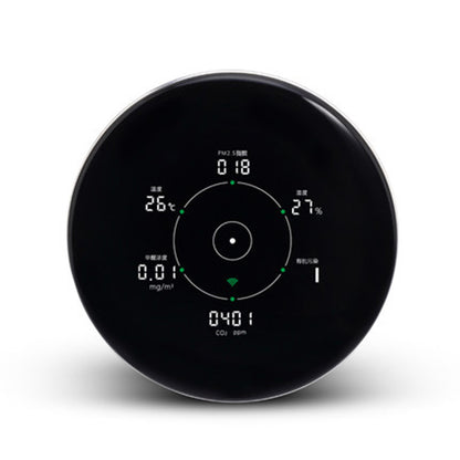 High-contrast circular LED screen readout of KY-OEM-AQD air quality detector showing real-time numerical measurements of particulate matter PM2.5 carbon dioxide HCHO and organic pollutants
