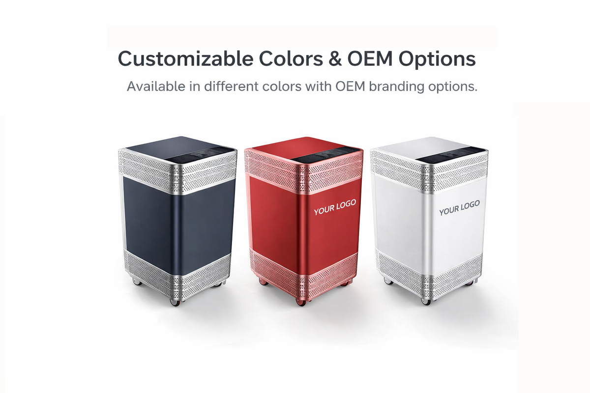 OEM and ODM custom commercial medical air purifier options for KY-APS-1000 showcasing customizable powder-coated metal cabinet colors in clinical white, metallic red, and navy blue with custom client logo branding and private label packaging.
