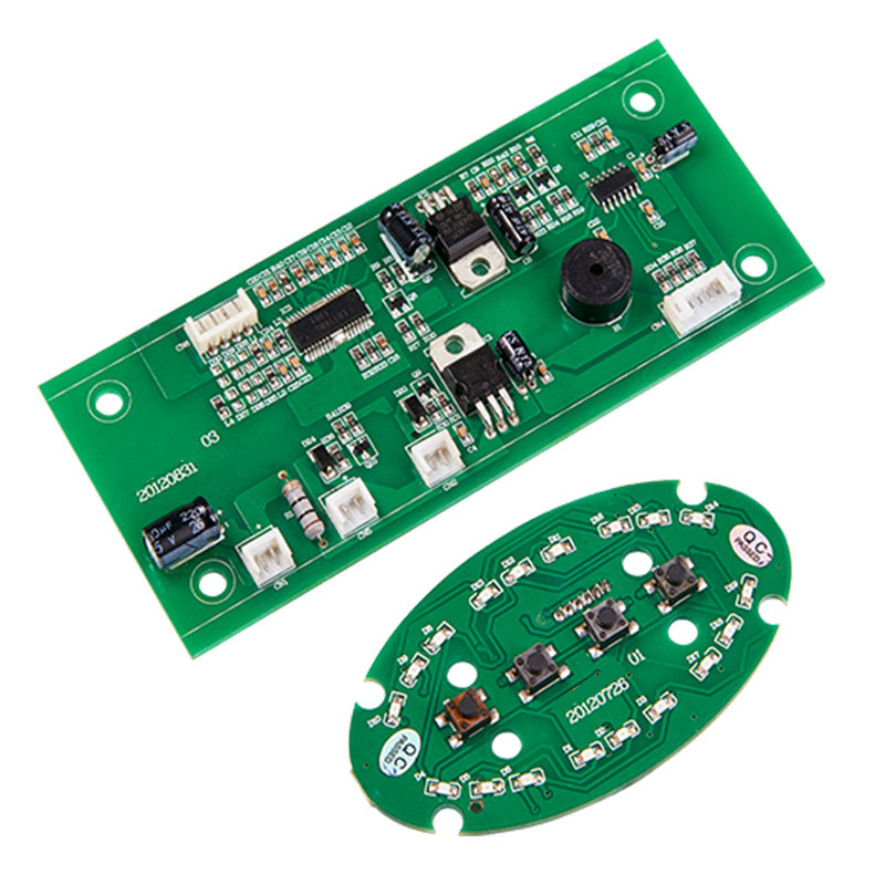 OEM car air purifier electronic control board set with oval 3-key tactile switch panel and power motherboard for cup-holder air cleaners, driving 12V brushless fans, negative ionizers, and UV disinfection modules with power-down memory.