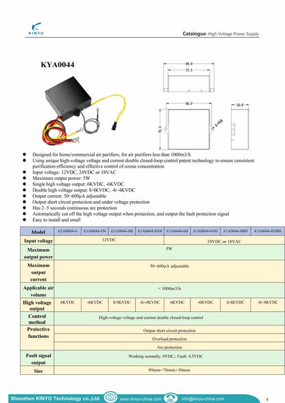    Official engineering catalog specification sheet for KINYO KYA0044 series high-voltage power supplies, featuring isometric and multi-view dimensional CAD mechanical drawings (88.9 × 76.3 × 30.6 mm, 80mm hole pitch), feature bullet points, and full electrical parameter tables.
   
