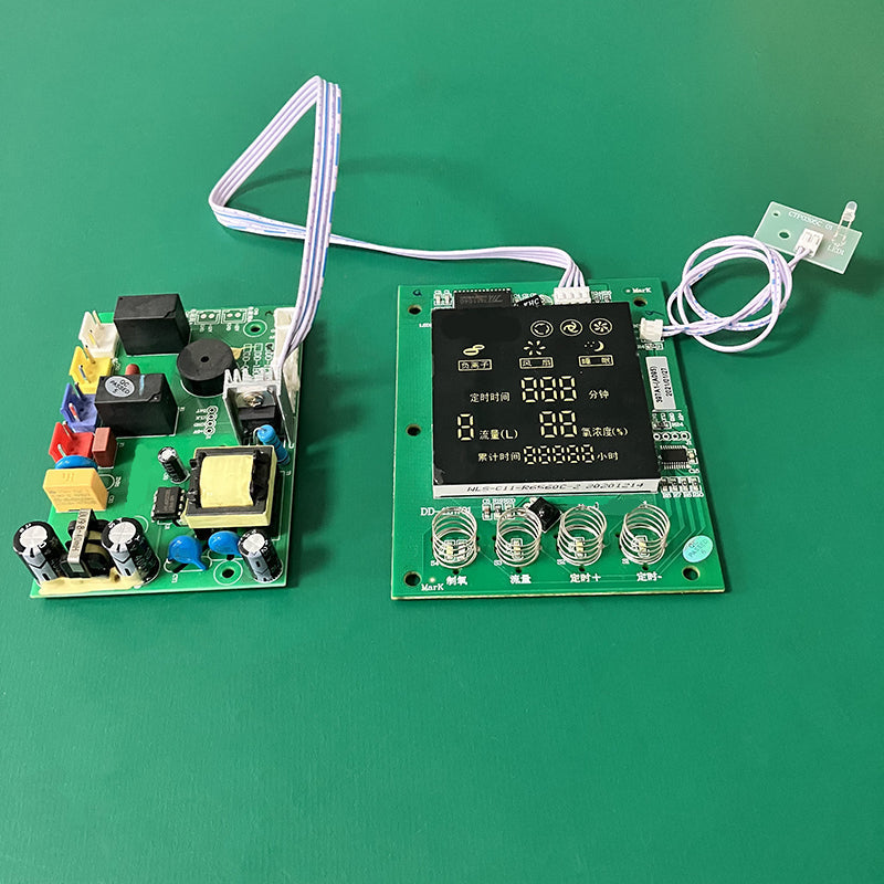 KY-OG-PCBA-ODM oxygen generator controller hardware kit connected via ribbon cable showcasing main switching power PCB and touch spring display panel showing flow rate and oxygen percentage