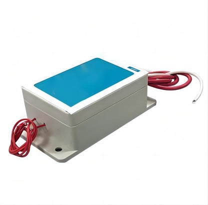    Perspective exterior studio shot of the fully assembled KYOG220V09 power pack on a white background, showcasing the durable ivory flame-retardant ABS housing with a top cyan label plate, base mounting flange screw tabs, and heavy-duty silicone-insulated red high-voltage leads coiled at both ends.
   