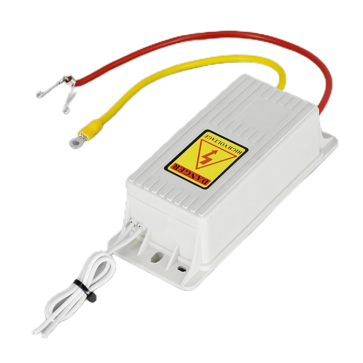 Perspective studio view of the KY-OG-65W high-voltage ozone inverter module displaying the prominent DANGER HIGH VOLTAGE safety icon, side-exit pre-wired white AC supply cord, dual mounting flange ears, and thick silicone insulated yellow and red high-voltage leads with pre-crimped eyelet and clip connectors for safe OEM integration.
