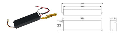    Product dimension diagram and 3D rendering of the KYOG12V04 compact high-voltage power pack, showing an isometric view of the slim black rectangular enclosure alongside detailed CAD mechanical drawings with a length of 153.6mm, mounting pitch of 146.6mm, width of 40.0mm, and height of 22.0mm.
   
