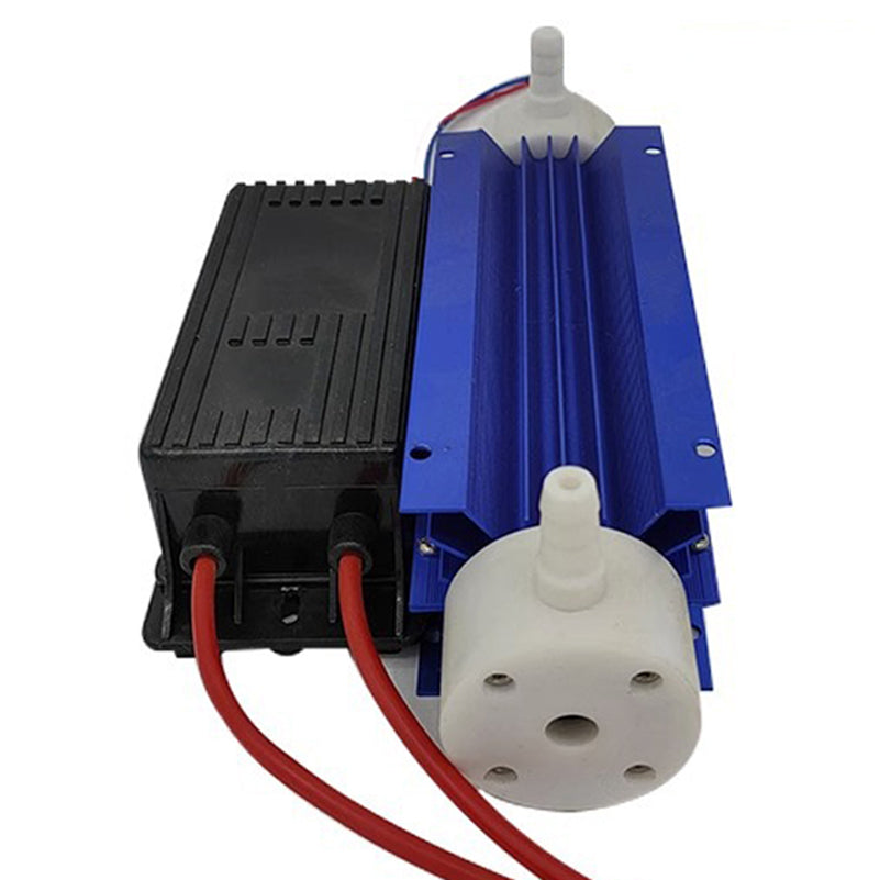 Profile perspective studio photograph of KINYO-CHINA KYOG-10GC 10g/h ozone generator ceramic tube showing the longitudinal blue anodized cooling fins, mounting screw holes, and dual barbed hose connectors.