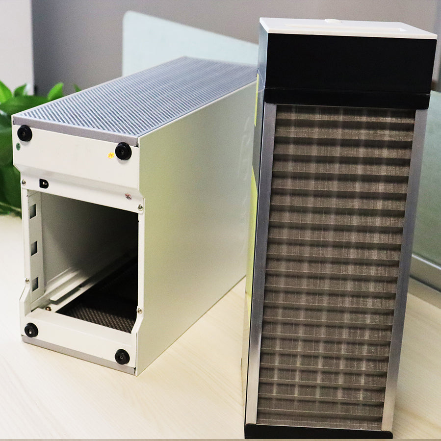 Rear perspective of the extracted KY-APS-220M electrostatic purification cell displaying the stainless steel wire mesh primary pre-filter and internal high-voltage collector plates designed for repeated water washing without consumable replacement costs.