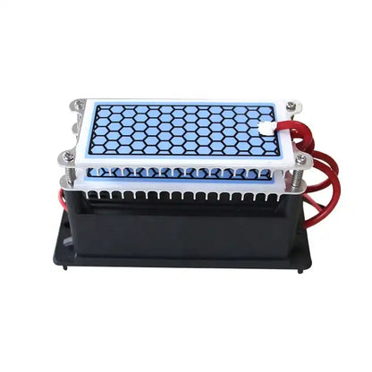    Side profile studio shot of the KYOG220V10GP ozone generator on a white background, detailing the black molded base mounting flange, slotted aluminum heat dissipation spacers, stacked blue dielectric honeycomb ceramic plates, and neatly routed red high-voltage leads.
   