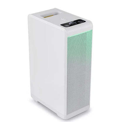  Smart portable washable ESP air purifier KY-APS-200 featuring compact desktop tower chassis, front air intake grille with green optical air quality indicator light, and recessed top carrying handle engineered by OEM ODM manufacturer KINYO-CHINA for bedroom and office desktop 180m3h CADR purification.