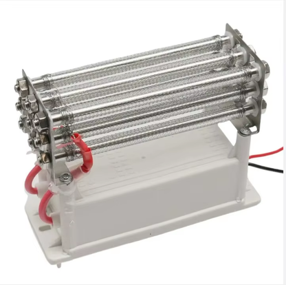 Studio perspective product view of KINYO-CHINA KYOG220V27G 27g/h ozone generator module showing nine stainless steel mesh quartz dielectric tubes rigidly secured in dual aluminum end brackets, high-voltage insulated red silicone lead wires, and bottom-mounted white power supply housing operating at 220VAC 60W for commercial dishwashers, HVAC ducts, and cold storage sanitization.