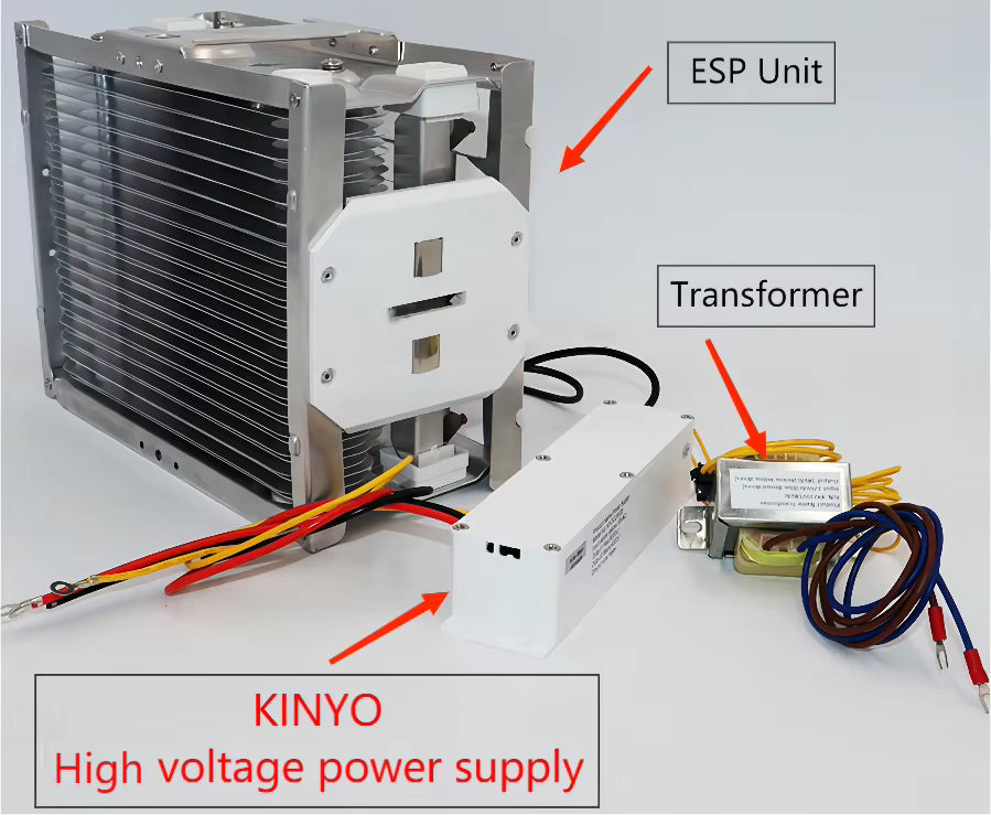    System installation schematic demonstrating the KY220VT18VAC transformer connected inline with a KINYO high-voltage power supply box and an electrostatic precipitator ESP collector cell with red indicator callouts labeling the ESP Unit, Transformer, and KINYO High Voltage Power Supply, illustrating the multi-stage electrical conversion architecture inside commercial ventilation air filters.
   