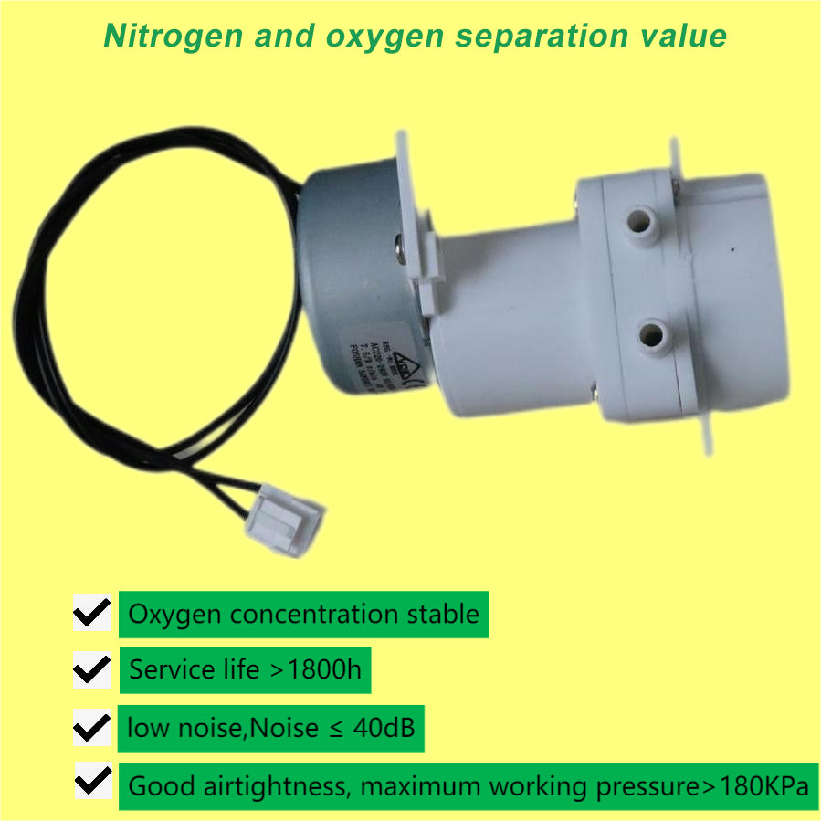 Technical performance overview of the KYOGP220V2L oxygen valve highlighting continuous service life exceeding 1800 hours, operating noise below 40 dB, and 180 kPa maximum pressure retention for steady oxygen purity.