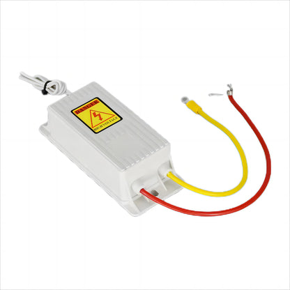Top-angle view of the KY-OG-65W ozone power pack enclosure featuring a high-visibility yellow triangular DANGER HIGH VOLTAGE warning label on the ribbed white top cover, a neatly coiled white AC mains power cable, and high-voltage yellow and red output lead wires terminated with an insulated ring terminal and metal contact spring clip for fast electrode attachment.
