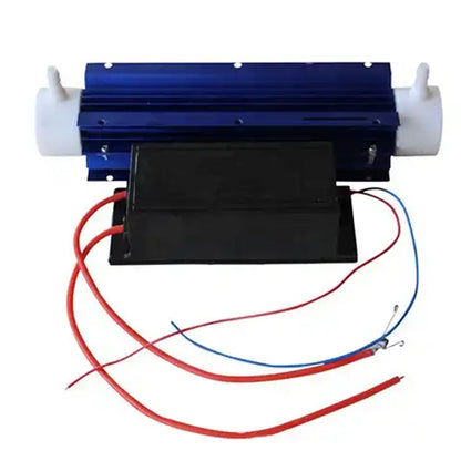 Top-down perspective photograph of KINYO-CHINA KYOG-10GC 10g/h ozone generator module showing the extruded aluminum blue heat sink housing and compact power pack for commercial water treatment and aquaculture sanitization.