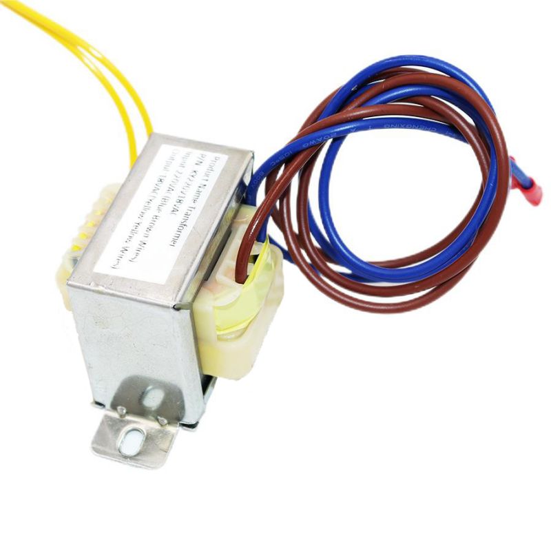    Top-down perspective studio shot of the KY220VT18VAC power transformer, showcasing the slotted base mounting bracket flanges, insulated yellow bobbin winding, coiled primary AC mains power cables, and low-voltage secondary wiring assembly for secure mechanical and electrical integration in HVAC ducts.
   