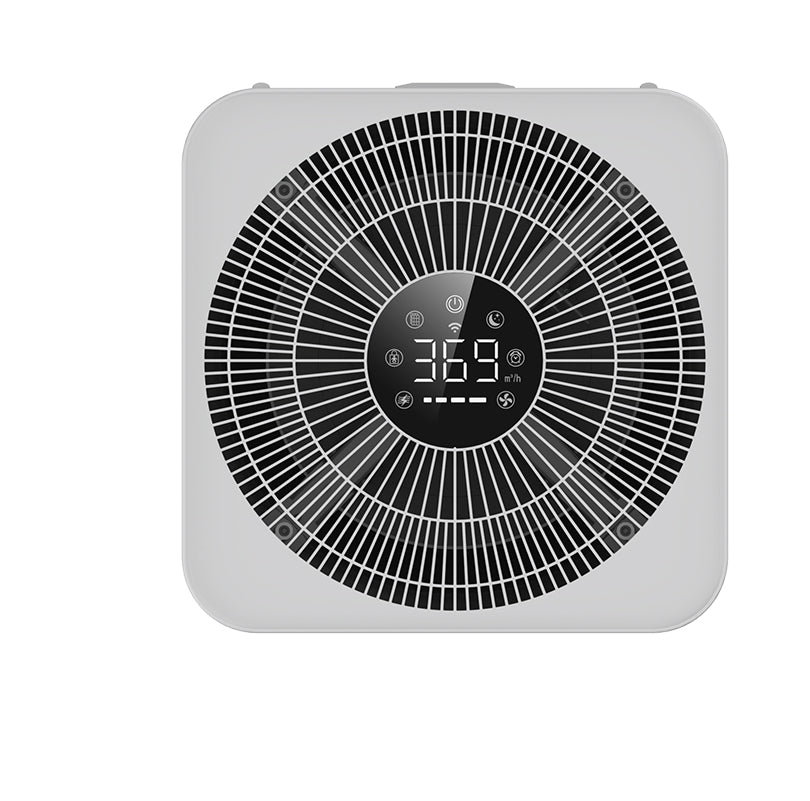  Top control console of KY-ADS-1000 air purifier displaying real-time airflow rate, air quality indicator, child lock protection, timer settings, sleep mode, and filter replacement alert for commercial pet odor management.
