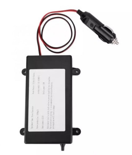 Top perspective studio view of KINYO-CHINA KYOG-1GT 1000mg/h portable ozone generator equipped with a 12V DC vehicle cigarette lighter power plug, barbed ozone discharge outlet nozzle, and flange screw mounting brackets for mobile automotive deodorization and portable appliance integration.