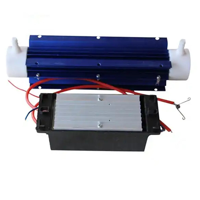 Top view studio product shot of KINYO-CHINA KYOG-10GC ceramic tube ozone generator displaying the 260mm blue finned heat sink tube, potted power supply module with aluminum base heat sink, and red high-voltage leads for industrial ozonation equipment.