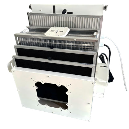 Washable electrostatic precipitator unit inside HVAC duct air purifier, reusable non-consumable filter for commercial ventilation systems