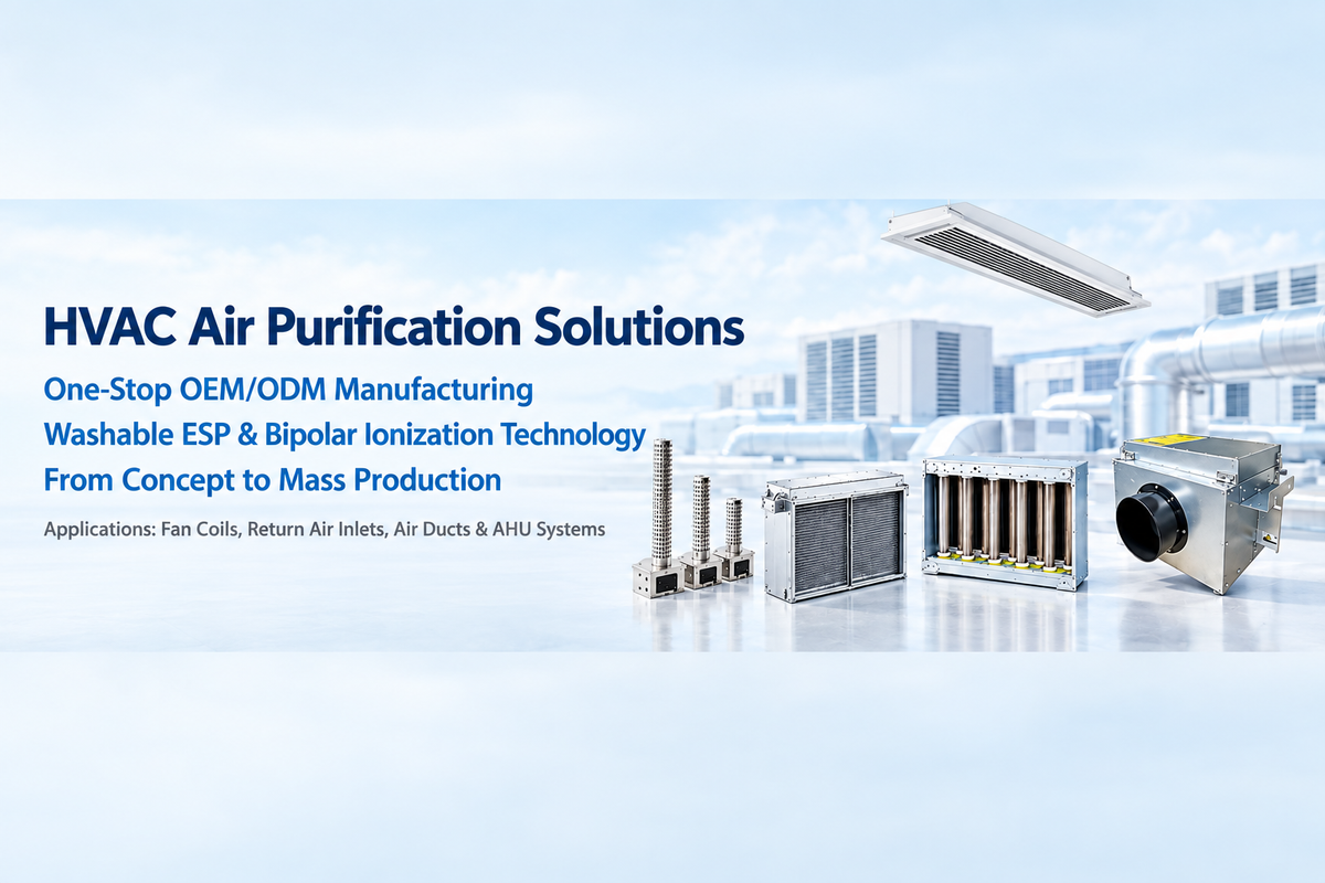 HVAC air purification solutions by KINYO-CHINA: OEM/ODM washable ESP electrostatic duct purifiers and bipolar ionizers for fan coils, return air inlets, air ducts and AHU systems