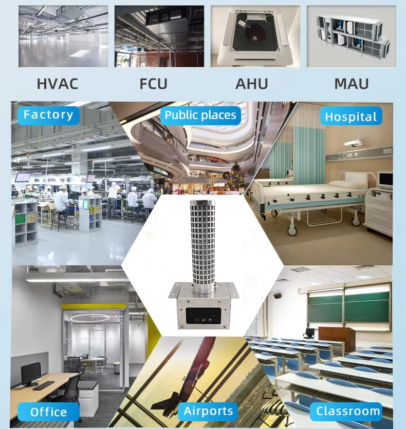 KINYO KY-ADS255V 1000m3/h Airflow Duct Mounted PCO Sterilizer for AHU air handling unit side view PCO Purification Device for commercial HVAC system application