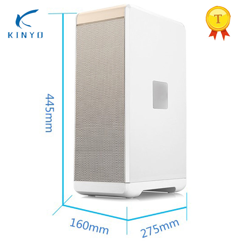 Dimensional engineering blueprint of KY-APS-200 air purifier specifying 445mm height, 160mm width, and 275mm depth with champagne gold trim accents and side observation window designed for space-saving residential and commercial environments.