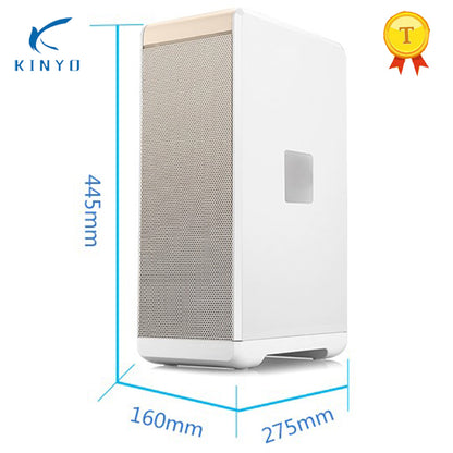 Dimensional engineering blueprint of KY-APS-200 air purifier specifying 445mm height, 160mm width, and 275mm depth with champagne gold trim accents and side observation window designed for space-saving residential and commercial environments.
